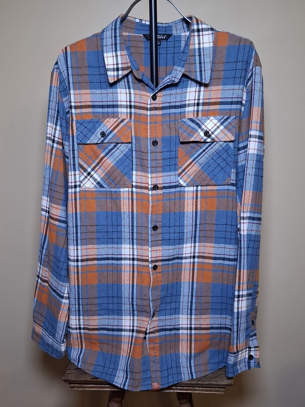 Simply Southern Men’s Blue/White/Brown Plaid Flannel Shirt; Size L